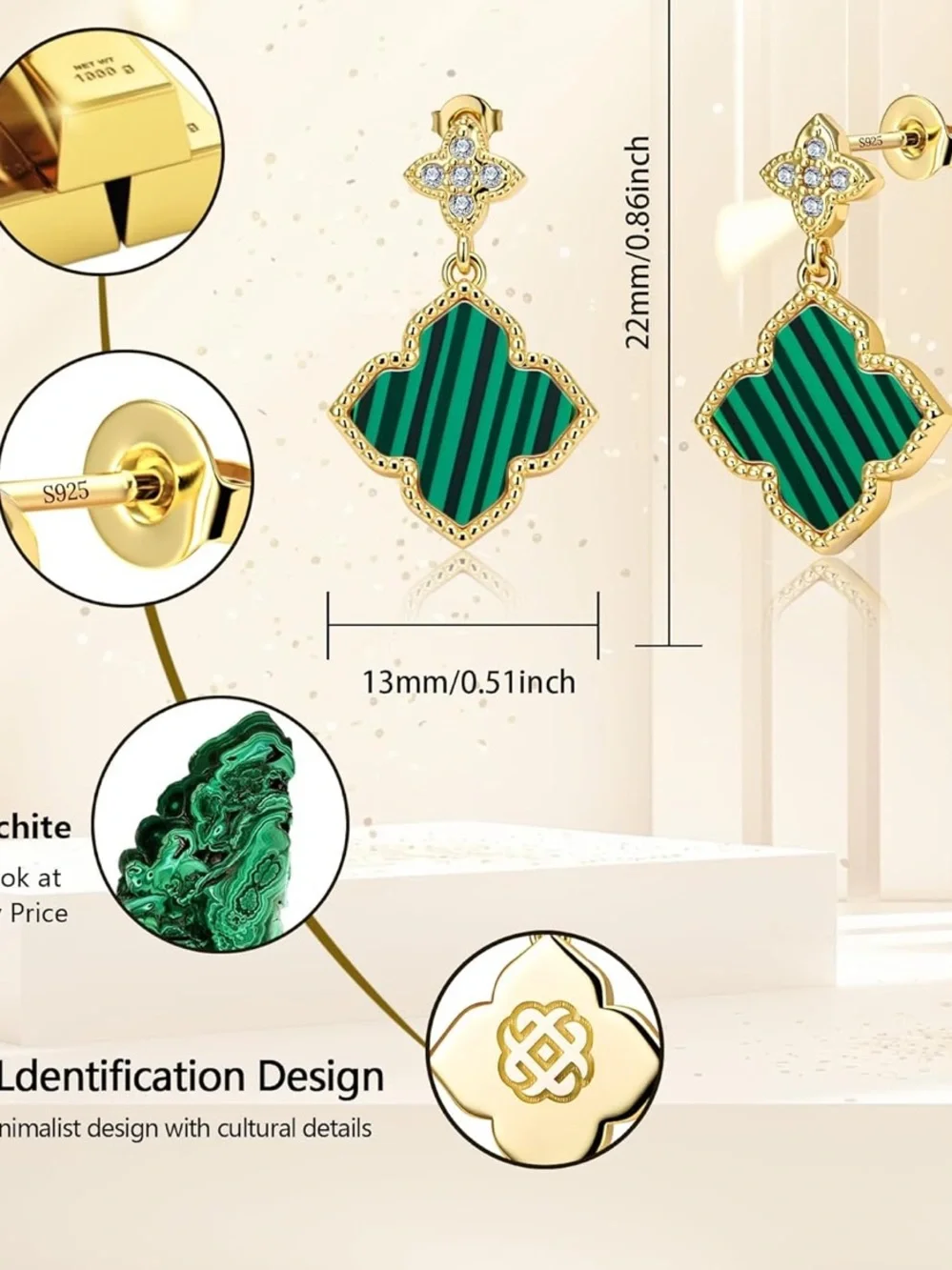 Anthropologie Gold-Tone Green Striped Clover Drop Earrings with Crystal Studs